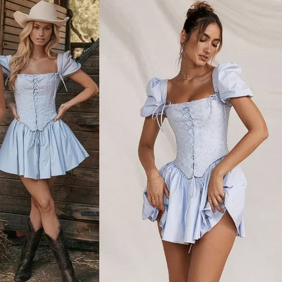 House of CB 'Maribel' Soft Blue Broderie Corset Mini Dress NWOT - Picture 2 of 9